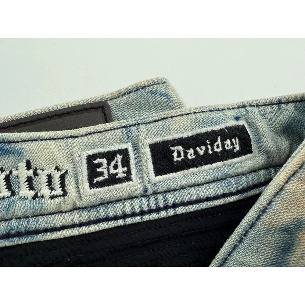 ROCK REVIVAL Daviday Moto Blue Acid Wash Distressed Jeans 34 x 32 Brand New
